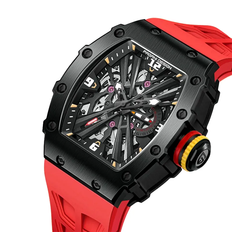 Pagani Design Black Skeleton Dial Red Strap Men's Watch-  PD-1738